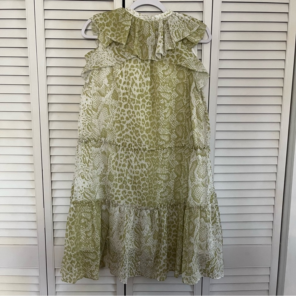NWT AllSaints Ali Noche Size 10 Green White Summer Dress Tie Waist Ruffles Snake - Picture 7 of 7